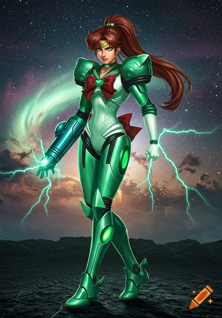 A powerful anime-style warrior, resembling Sailor Jupiter in green Samus Aran-like armor, stands with glowing energy against a stormy, starry night sky.