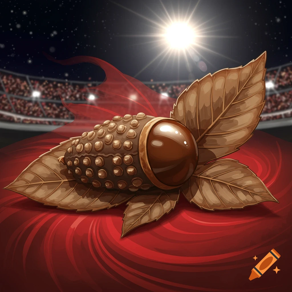 Stylized illustration of a brown buckeye nut with leaves on a red swirling surface, with a stadium background and bright light.