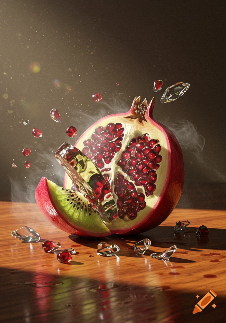 A photorealistic pomegranate with a green kiwi slice and glass shards, flying water droplets, on a wooden surface.