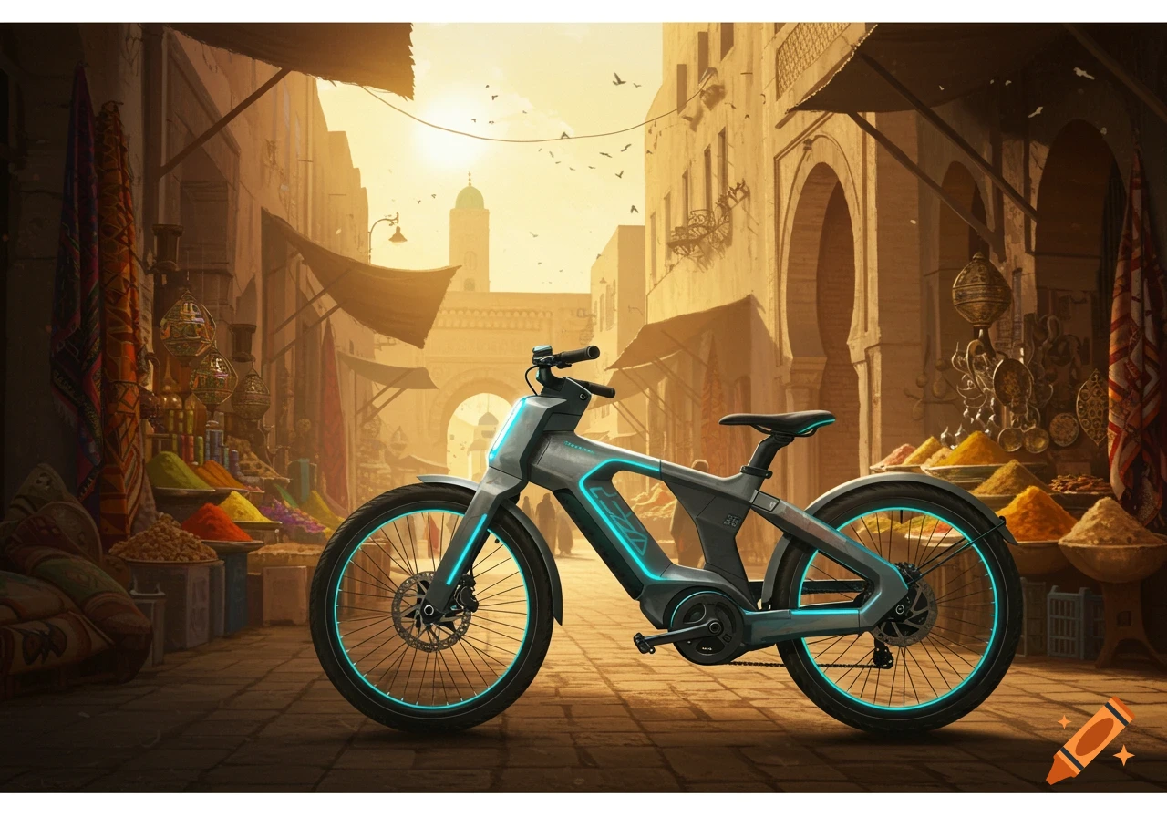 A futuristic e-bike with glowing blue accents stands on a cobbled street in a bustling, sunlit market of an old Algerian city.