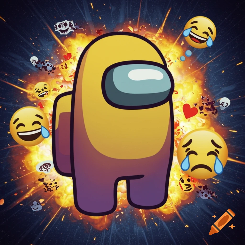 A yellow and purple Among Us character stands in front of a bright explosion, surrounded by laughing, crying, and distorted emojis.