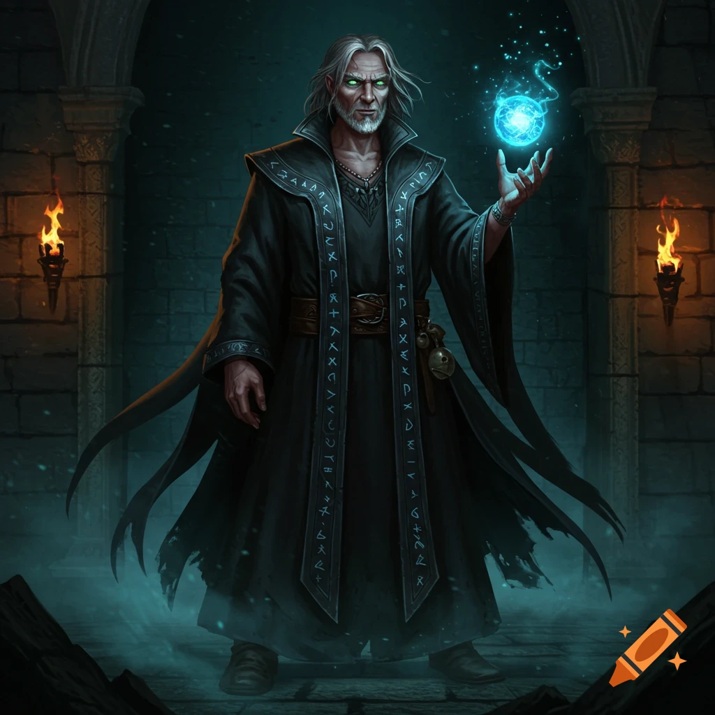 A middle-aged warlock in a dark robe with glowing green eyes holds a swirling blue magic orb in a dim, stone dungeon.