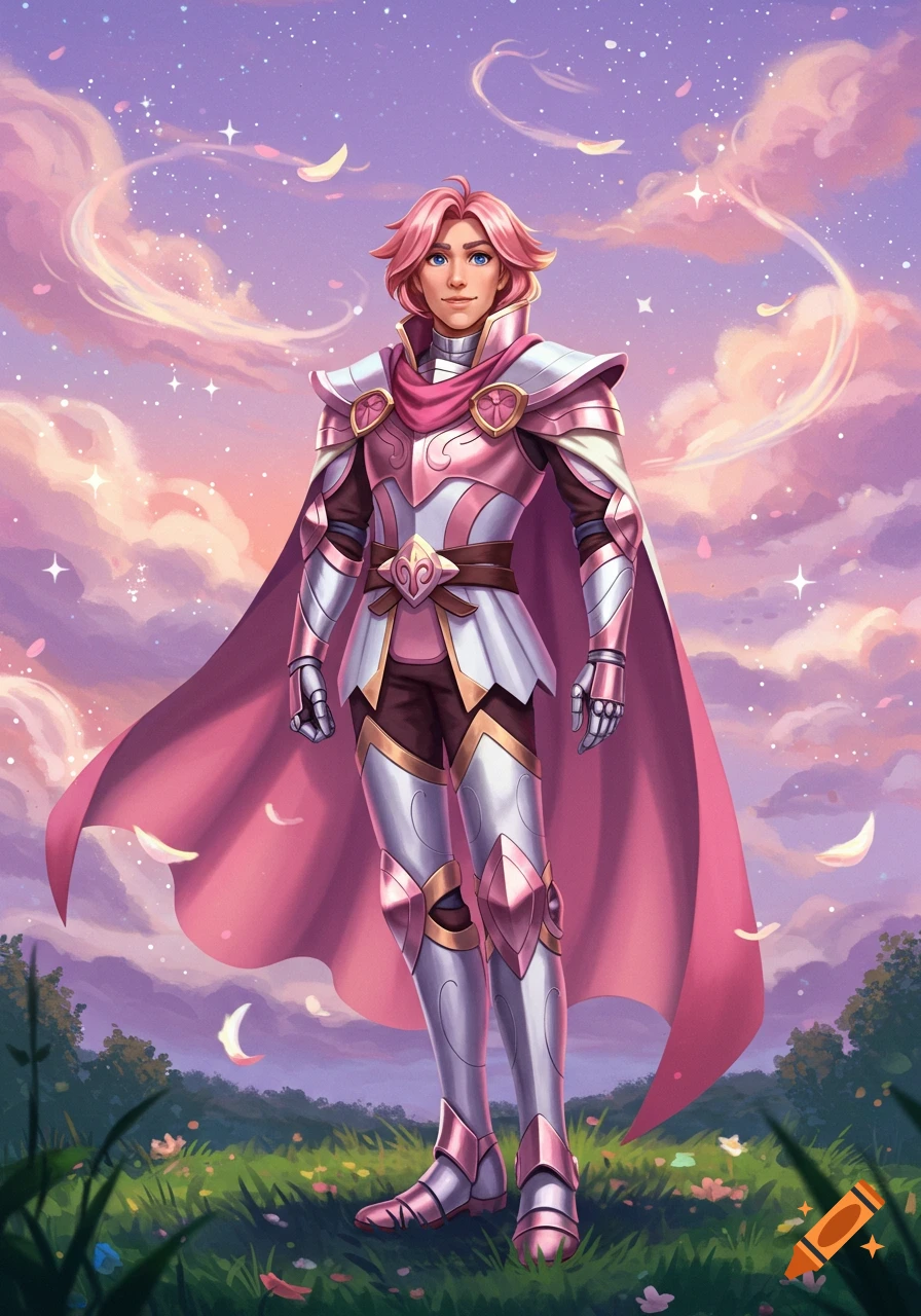 Pink-haired warrior in silver and pink armor and cape stands in a grassy field under a pastel sky with stars and floating petals, in an illustrated style.