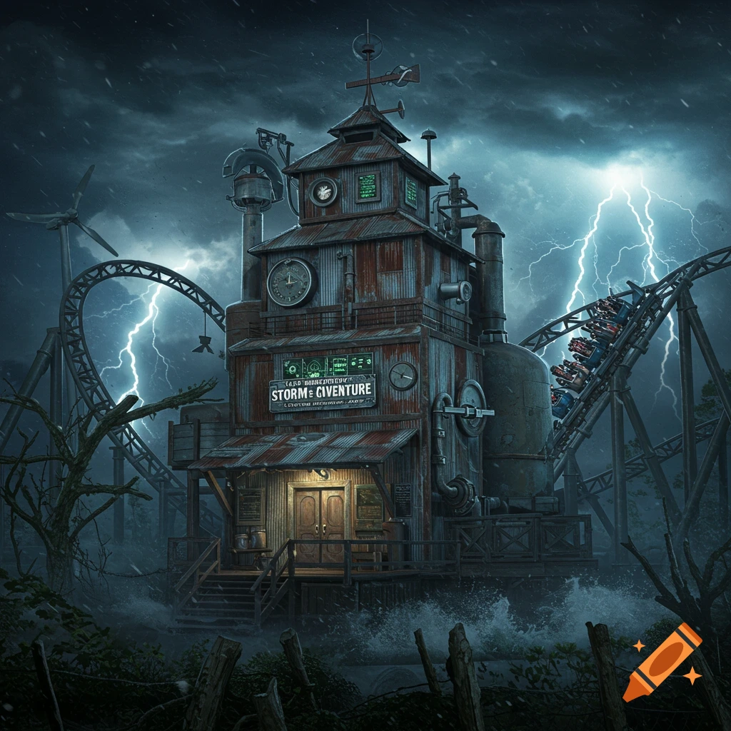 A dramatic storm-themed roller coaster station with a steampunk aesthetic, surrounded by lightning and turbulent water, with a train on the track.