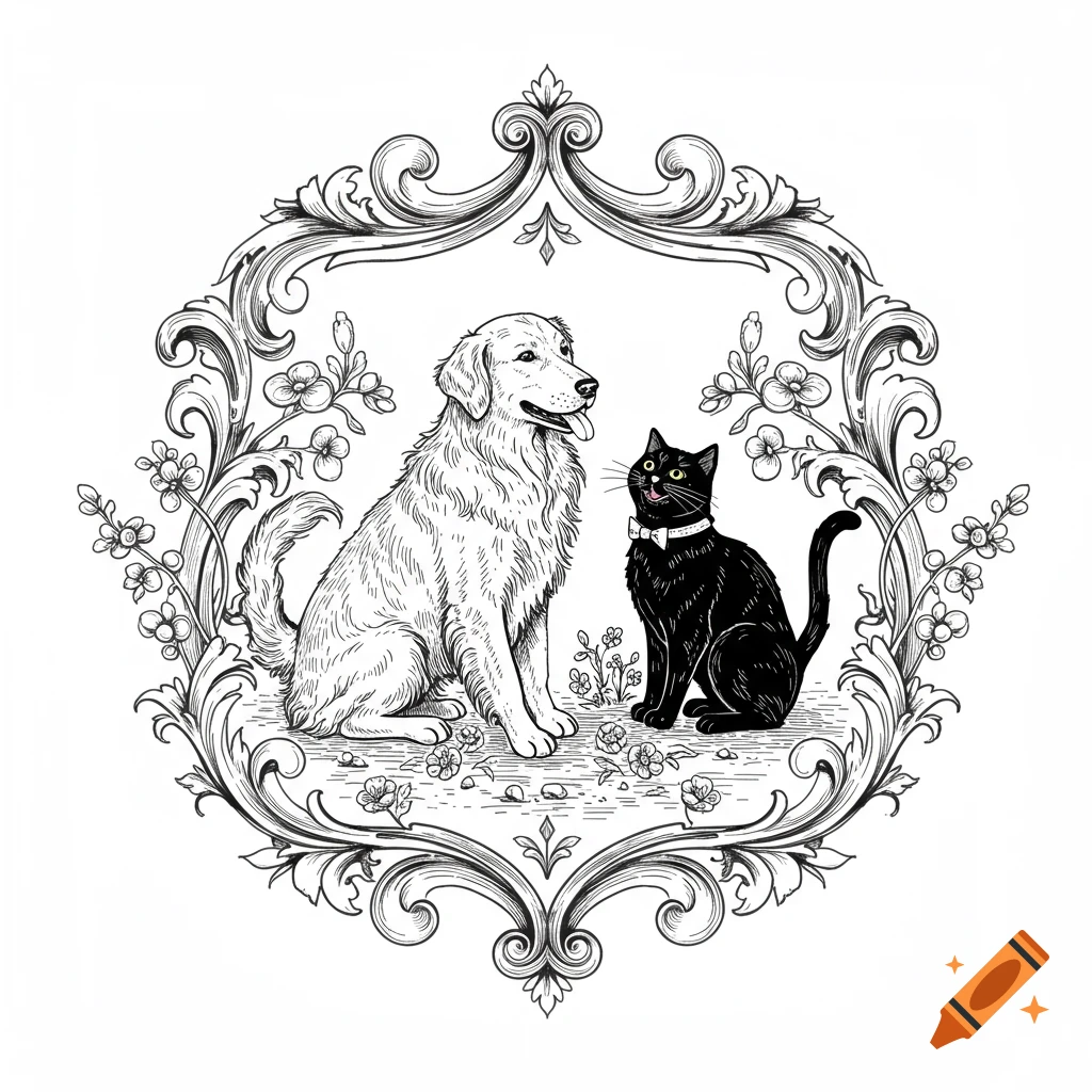 A golden retriever and a black cat sit together within an ornate, vintage, botanical frame, in a black and white fountain pen illustration style.