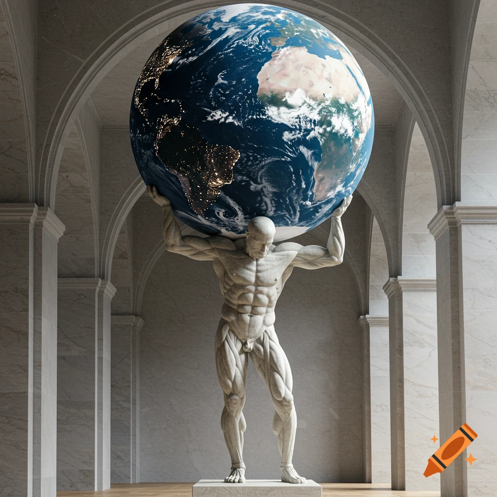 Photorealistic marble statue of Atlas holding the Earth on his shoulders in a grand hall with classical arches.