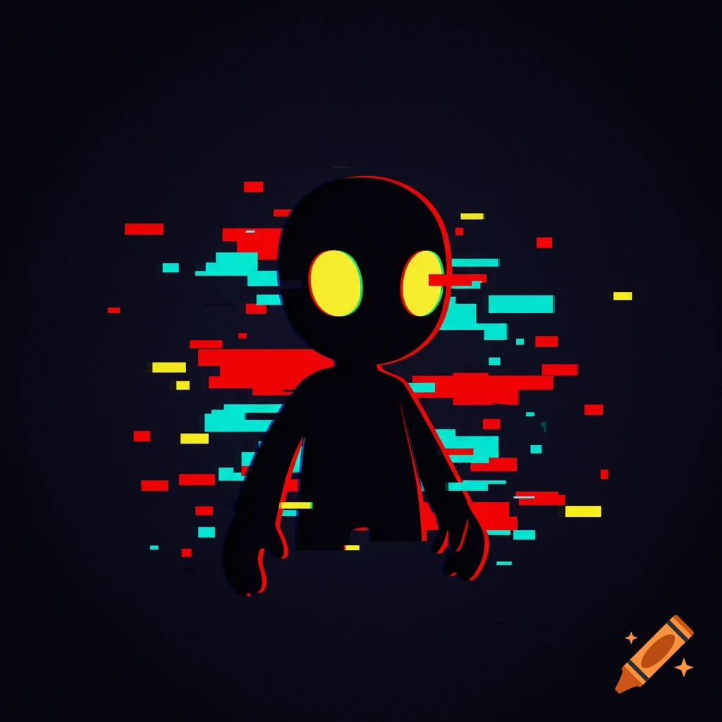 A black, faceless cartoon character with glowing yellow eyes, surrounded by colorful red, cyan, and yellow glitch pixel effects.