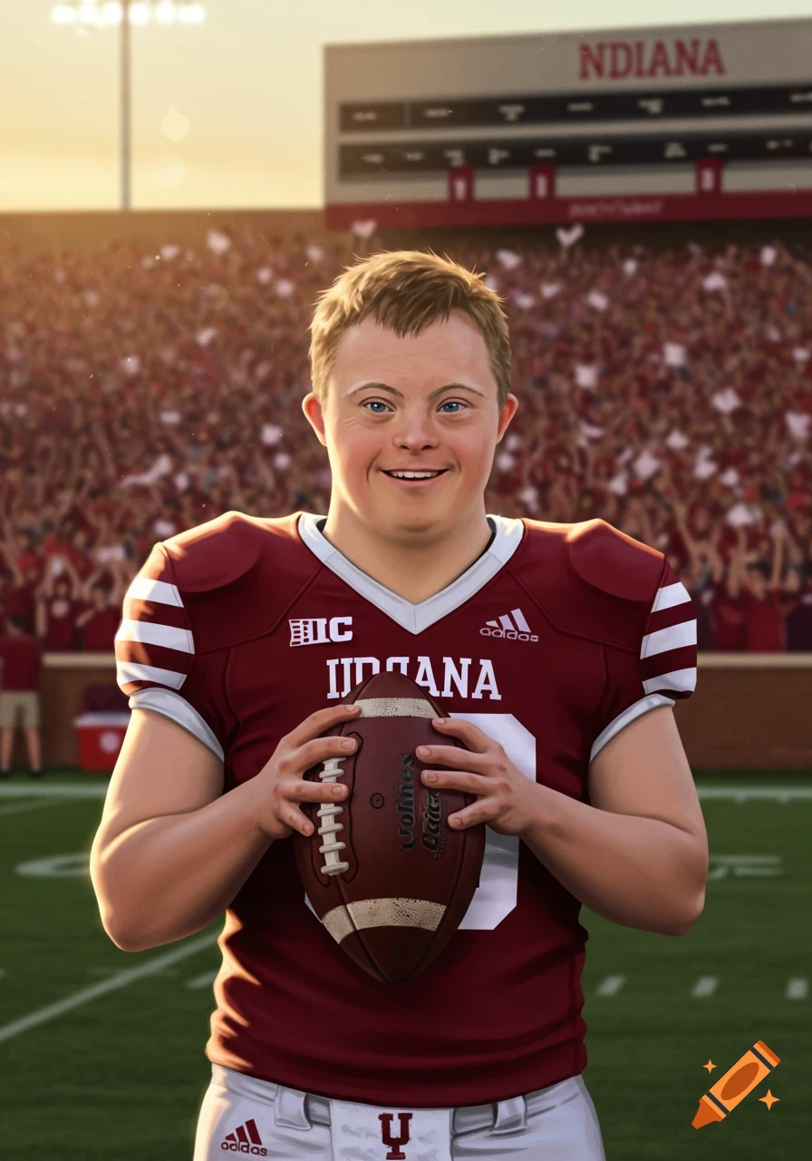 A smiling young man with Down syndrome in an Indiana Hoosiers football uniform holds a football on a stadium field.