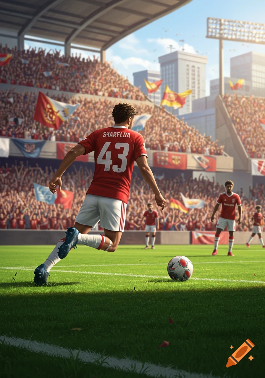 A soccer player in a red jersey with number 43 and the name "SYARELDA" on his back kicks a ball in a vibrant stadium full of fans.