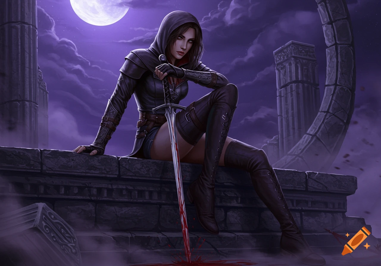 A female assassin with a bloodied sword sits on ancient ruins under a large full purple moon, dark fantasy art style.