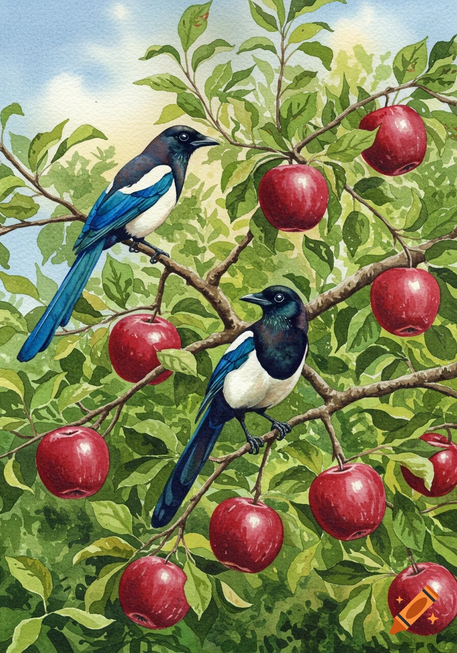 Two magpies with blue wings perch in a watercolor apple tree full of red apples under a blue sky.