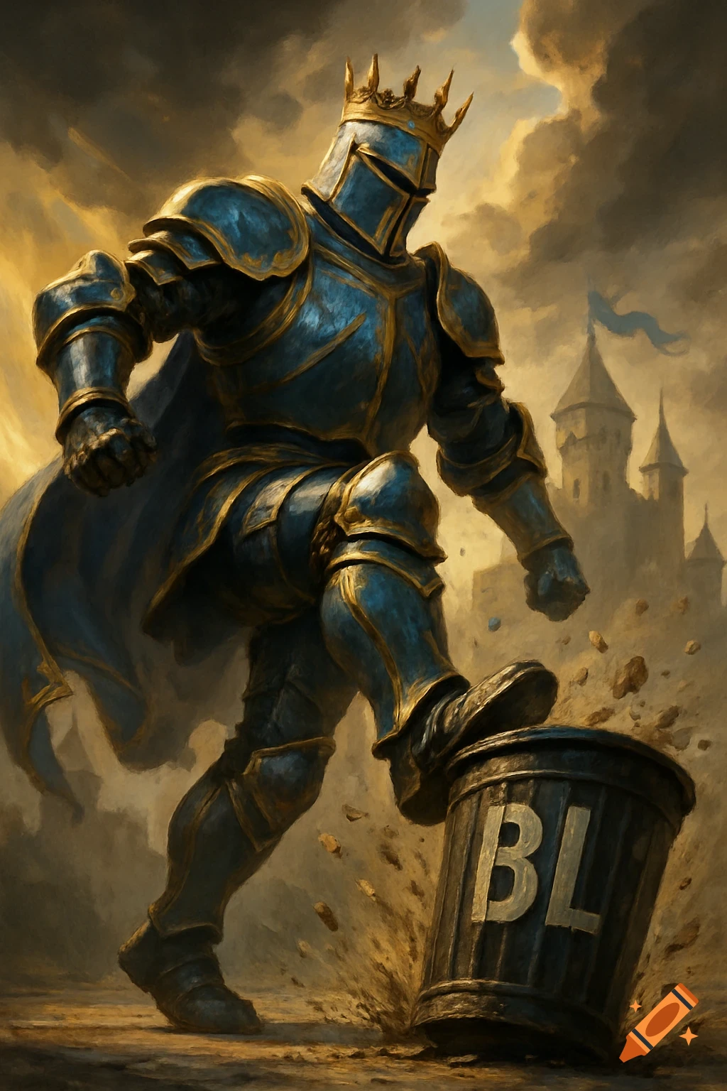 A crowned knight in blue and gold armor kicks a trash can, with a castle under a stormy sky in the background, fantasy art style.