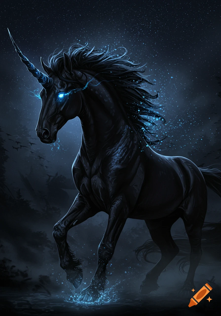 An abyssal black unicorn with glowing blue eyes and horn stands in a dark, starry night, surrounded by shimmering blue light and mist, in a dark fantasy digital art style.