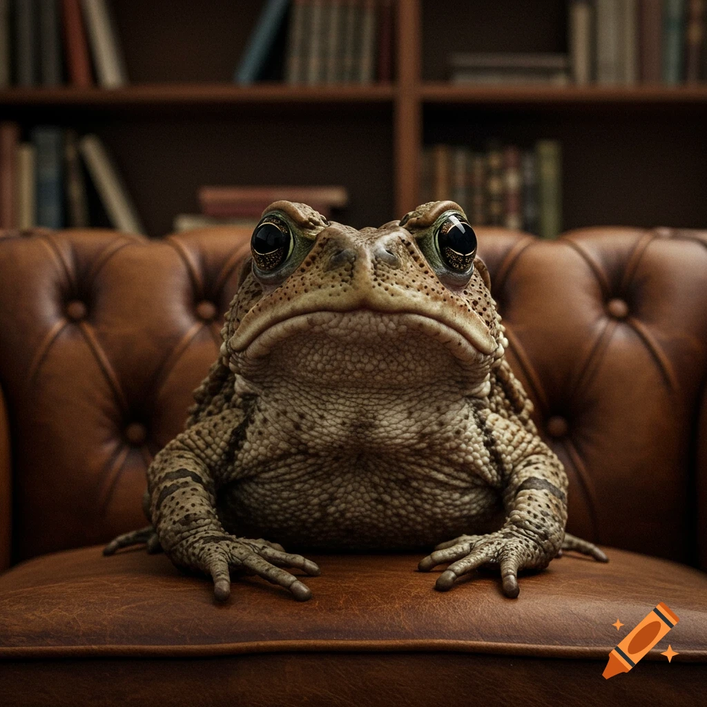 A large, warty toad with big dark eyes sits on a brown leather tufted couch, facing forward, with bookshelves in the blurry background.