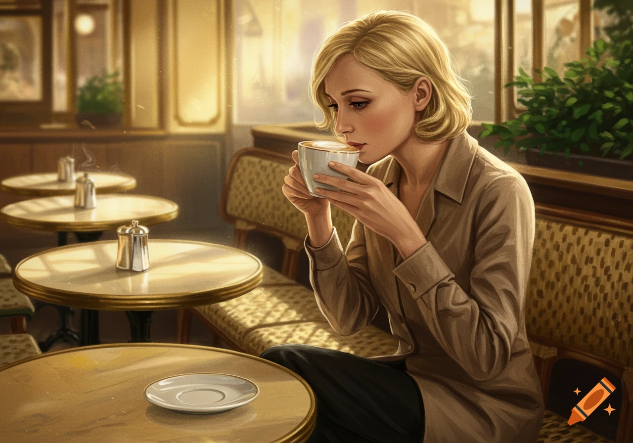 A realistic illustration of a blonde woman sipping a cappuccino in an elegant Parisian cafe with small round tables.