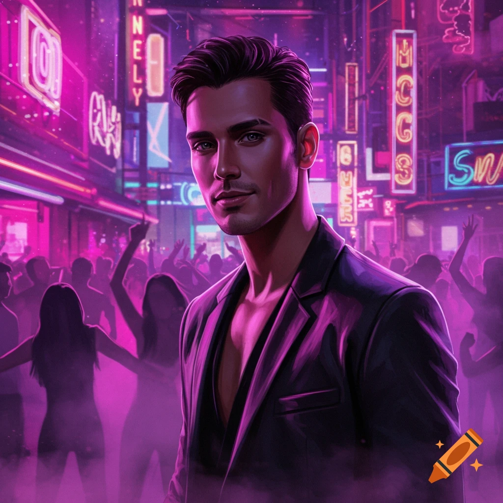 A man with dark hair in a black blazer stands in a neon purple city street at night, with blurred figures dancing in the background.