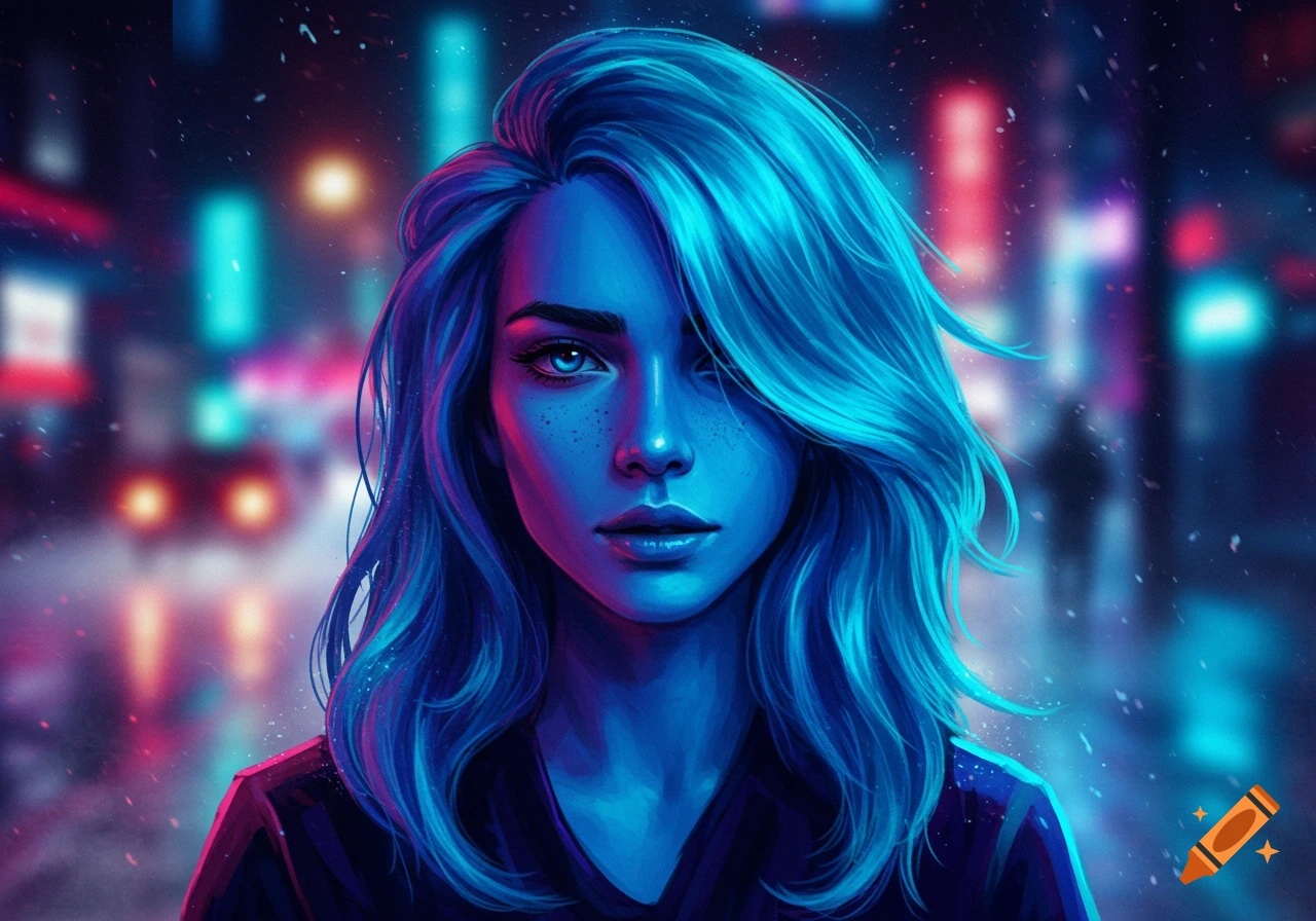 Digital art portrait of a woman with long blue hair, illuminated by neon blue and pink lights in a blurred cityscape.