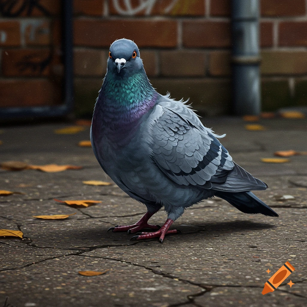 A detailed illustration of a grey pigeon with iridescent neck feathers, standing on cracked pavement with autumn leaves near a brick wall.