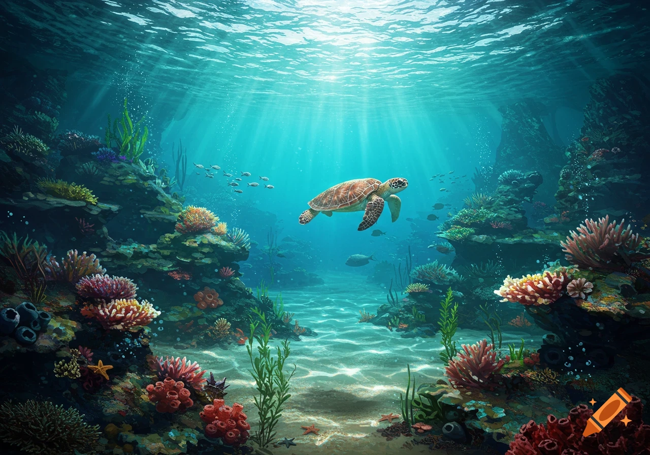 A sea turtle swims through sunlit blue water above a vibrant coral reef with fish.