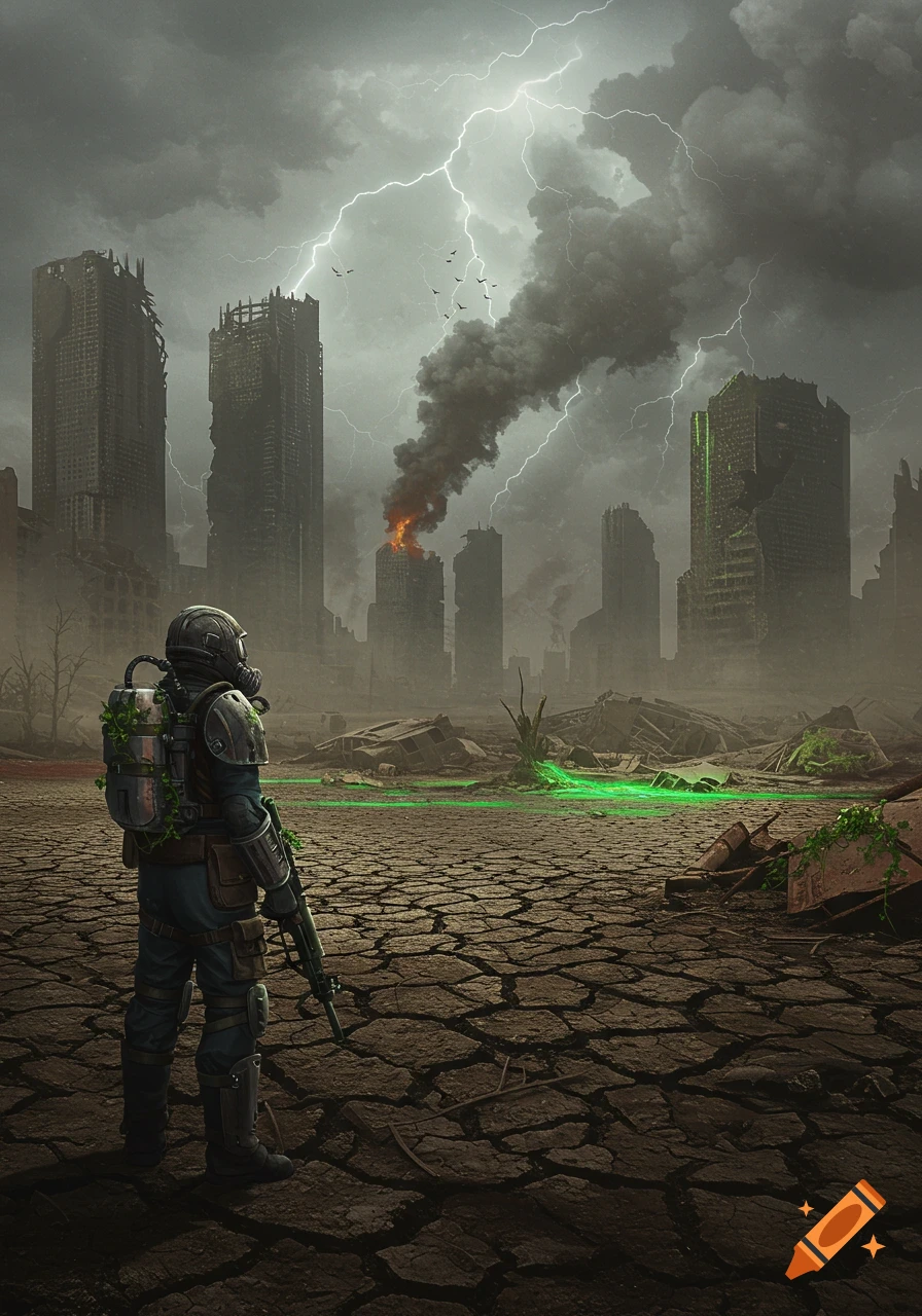 Lone survivor in gas mask and armor surveying a cracked wasteland with ruined skyscrapers, stormy sky, lightning, and green liquid.