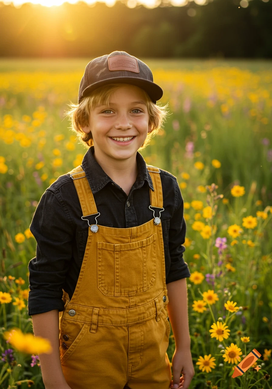 Smiling boy with blonde hair and a baseball cap, wearing yellow overalls, standing in a sunlit meadow of wildflowers.