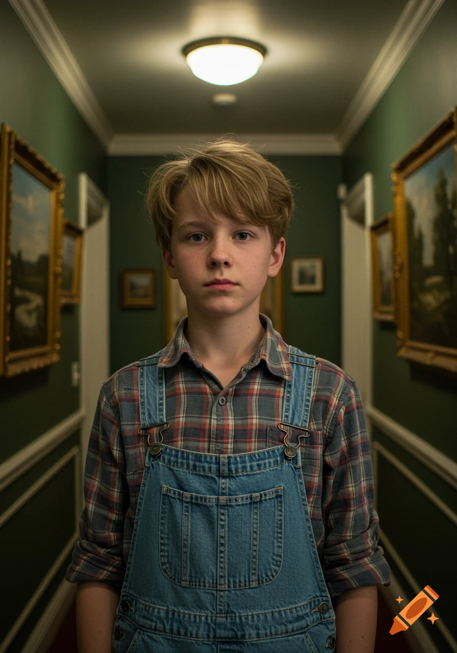 A fair-skinned 13-year-old boy with blond hair in a plaid shirt and denim overalls stands in a vintage hallway with green walls and paintings.