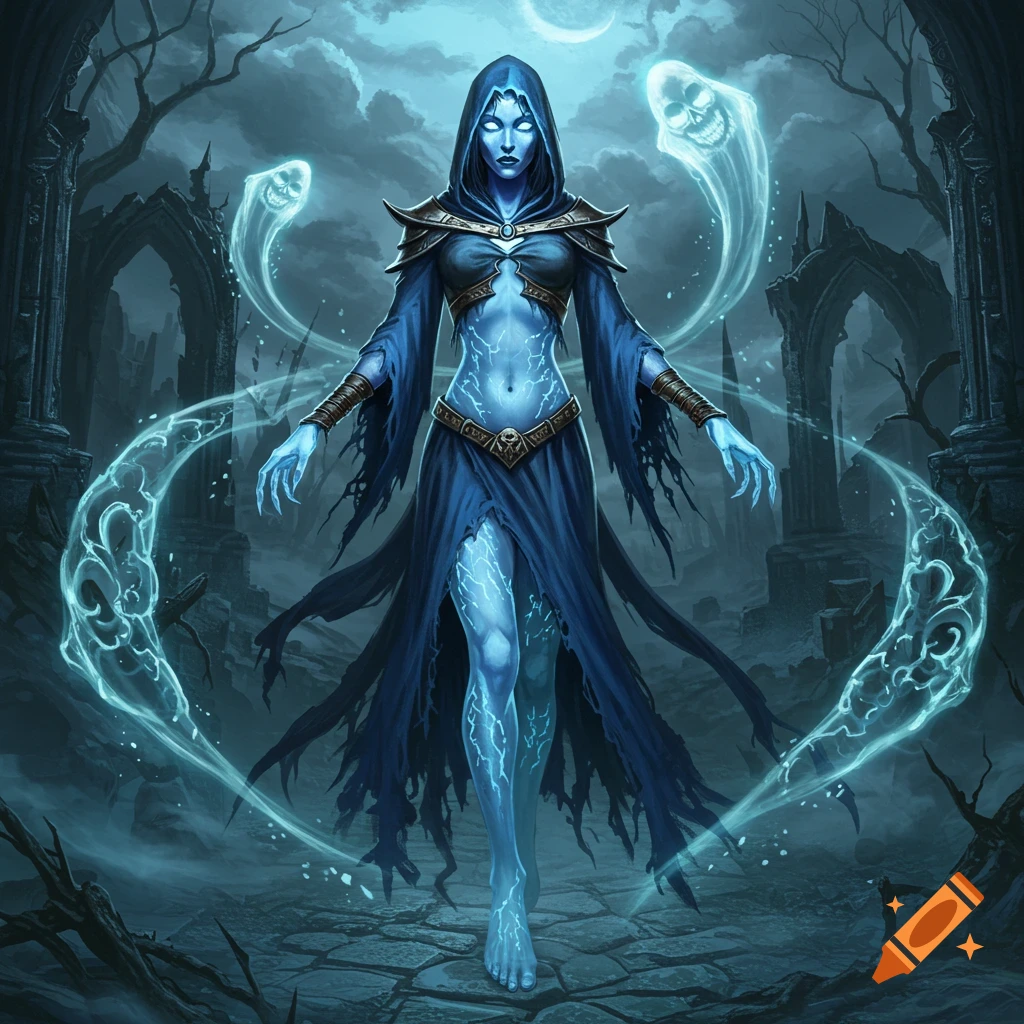 A blue-skinned ethereal sorceress in a hooded robe, surrounded by glowing magic and ghostly skulls in ancient ruins under moonlight. Dark fantasy art.