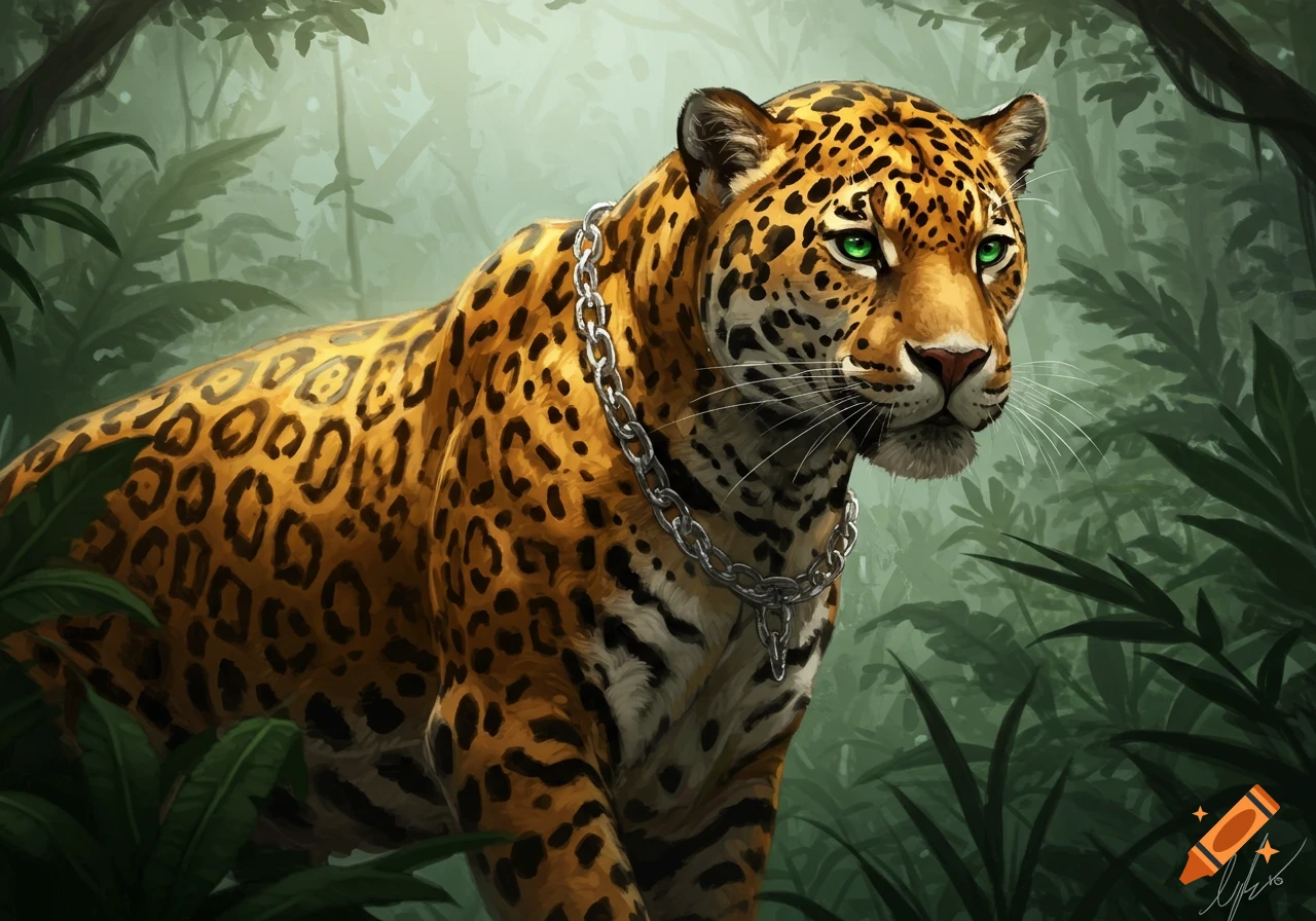 A realistic digital painting of a majestic jaguar with green, piercing eyes and a silver chain, standing in a lush jungle.