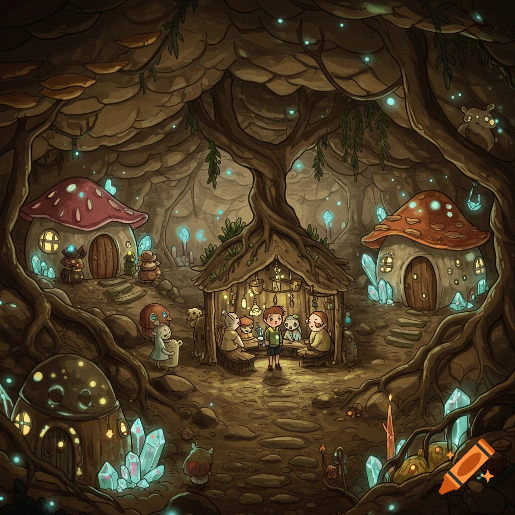 Whimsical cartoon illustration of an underground cavern with mushroom houses, glowing crystals, and small creatures gathered in a central hut.