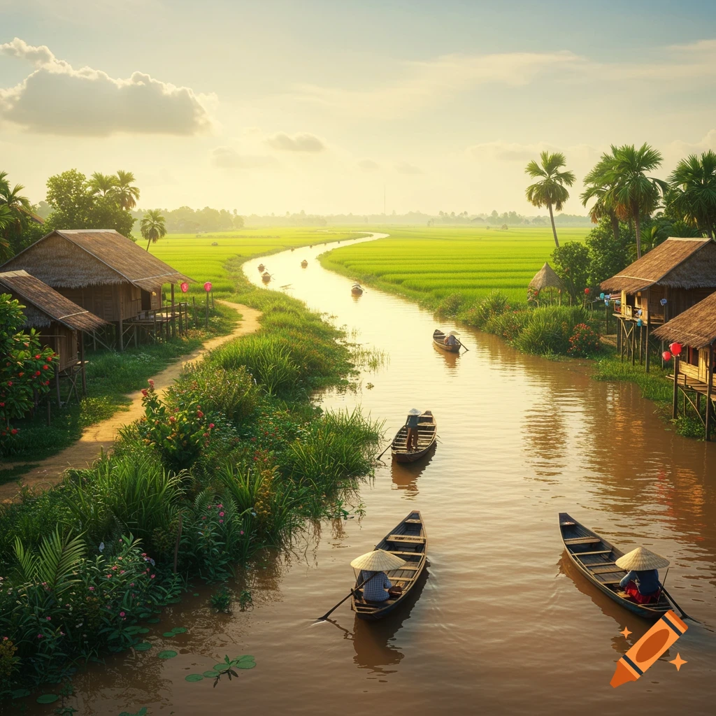Boats on a winding river through vibrant green rice fields with traditional huts, bathed in warm sunlight.