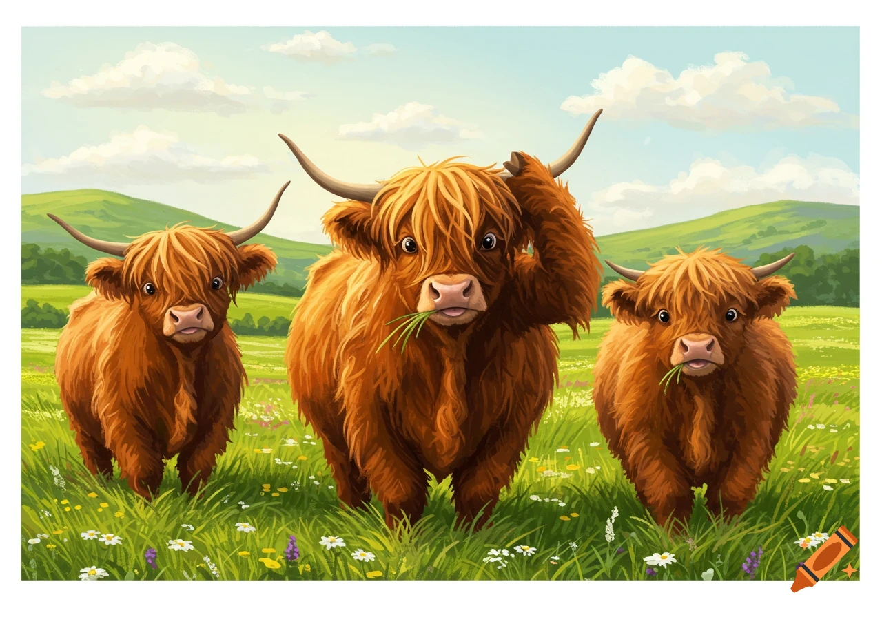 Three fluffy brown Highland cows with horns stand in a green, flowery field under a sunny sky, in a cheerful illustration style.