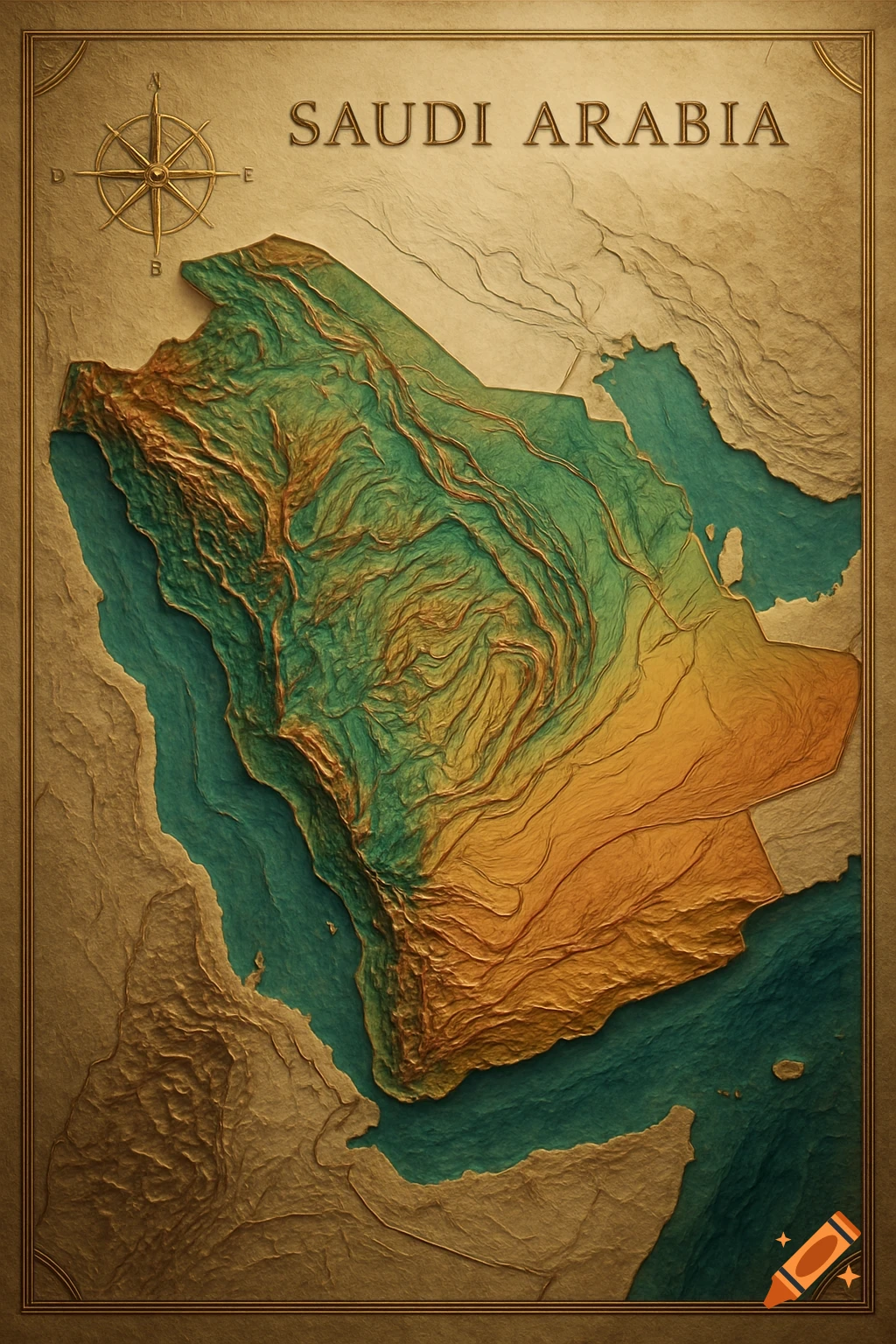 Textured, golden and green relief map of Saudi Arabia with a compass rose, on an aged parchment background.