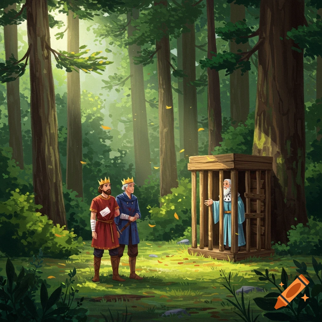 Two kings stand in a sunlit forest, looking at an old man in a wooden cage. The style is illustrative.