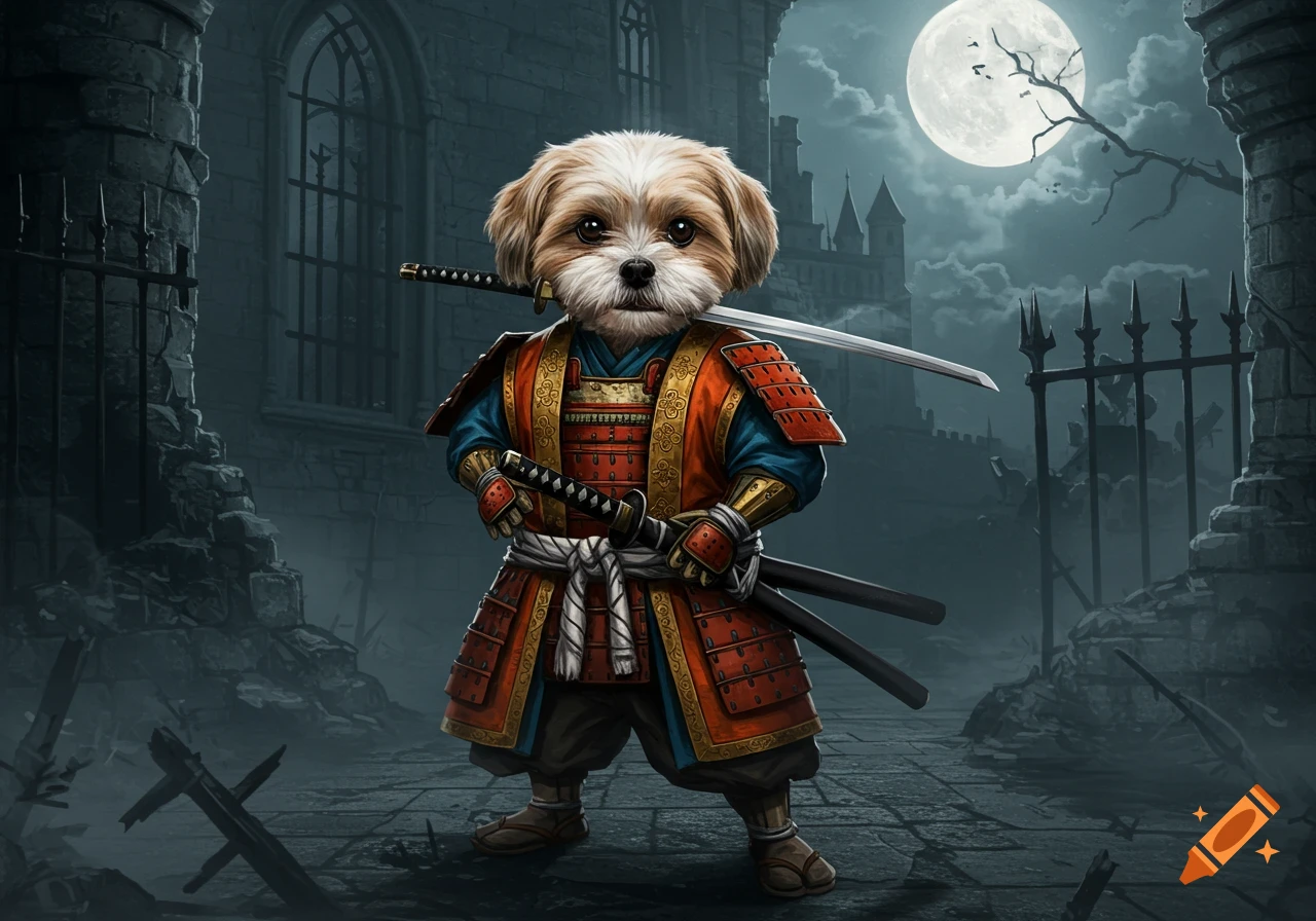 A cute Shih Tzu dog in ornate orange and blue samurai armor, holding a katana, stands in a misty gothic castle courtyard under a full moon.