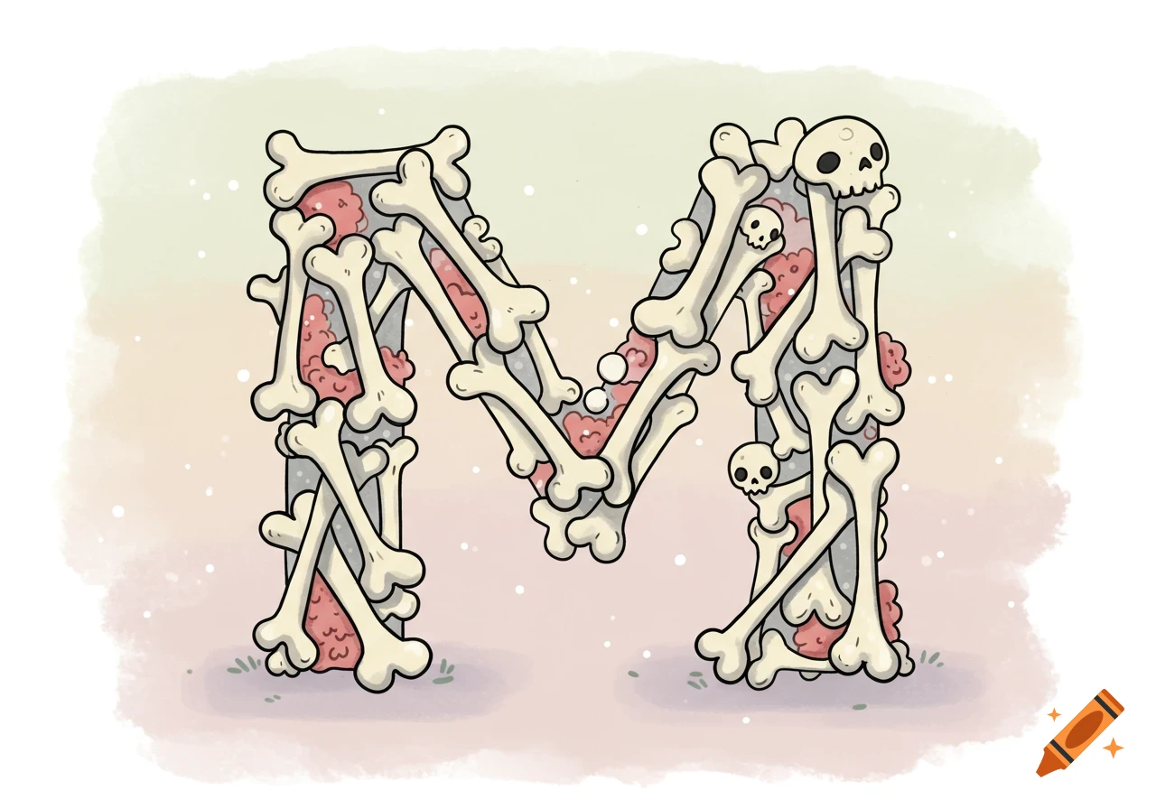A whimsical cartoon illustration of the capital letter M constructed from beige bones and small skulls, with a pinkish background.