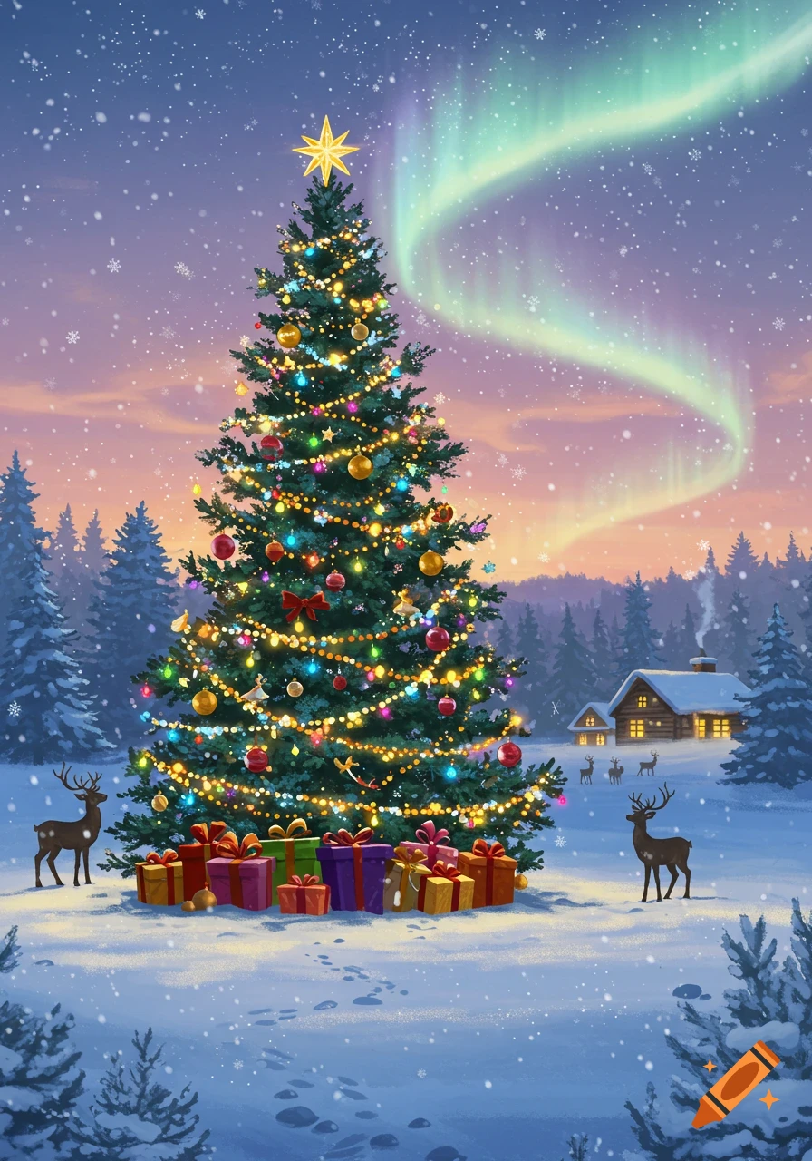 Festive illustration of a decorated Christmas tree with presents, deer, and a snowy cabin under the northern lights.