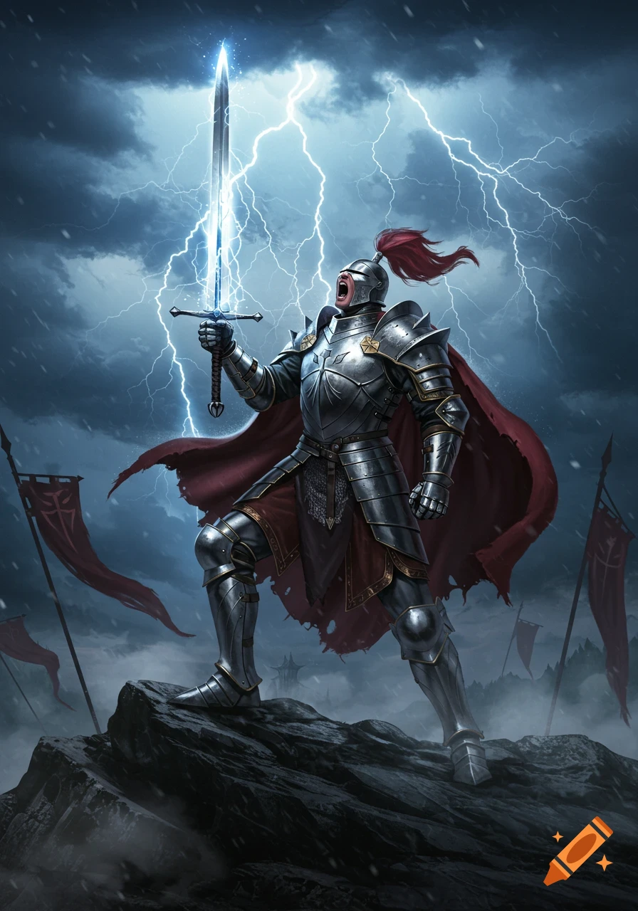 A knight in shining full plate armor, holding a glowing blue sword aloft and roaring under a dramatic, stormy sky with lightning strikes.