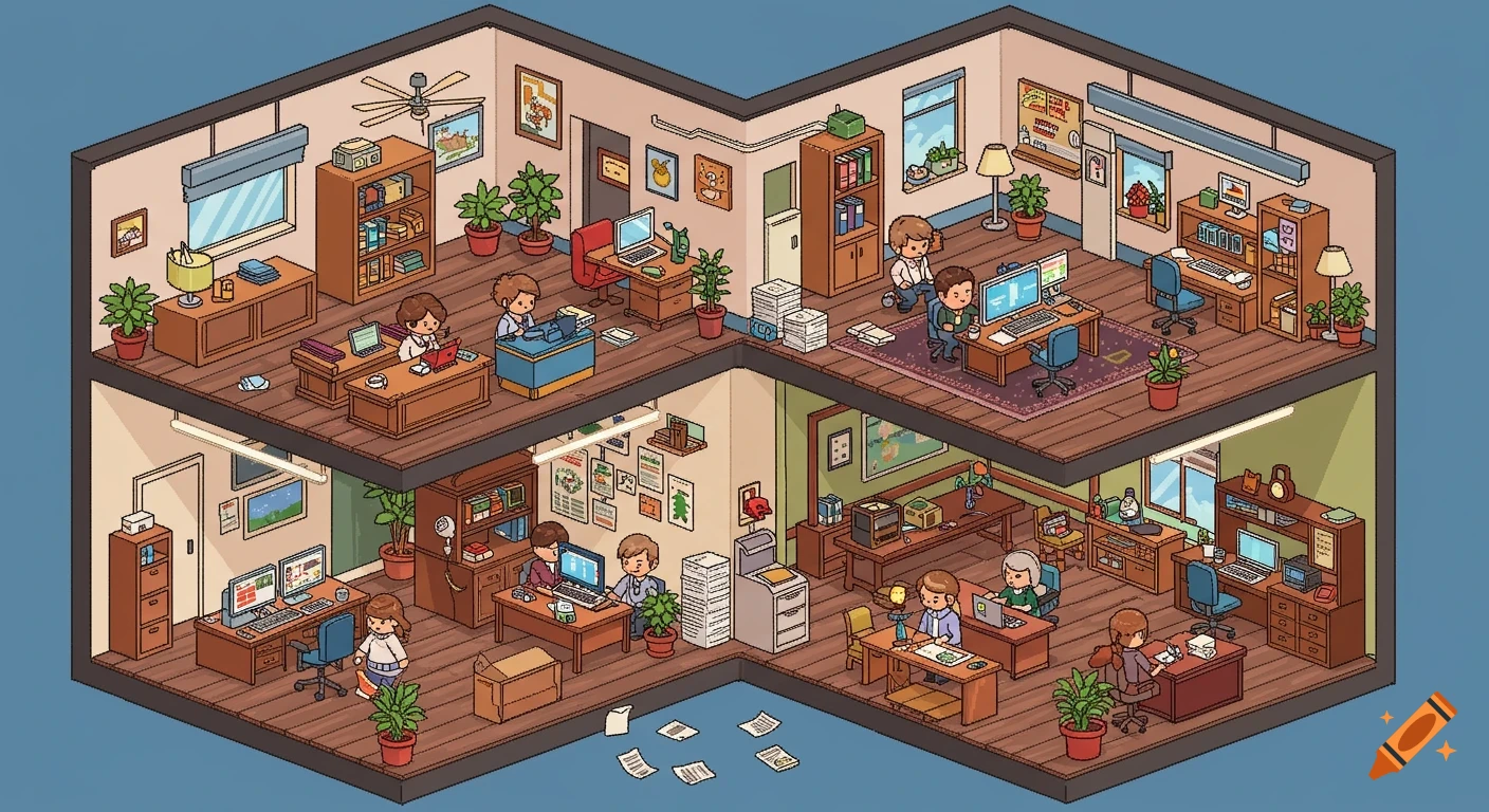 An isometric pixel art depiction of a two-story office building, showing multiple employees working at desks with computers and various office furniture.