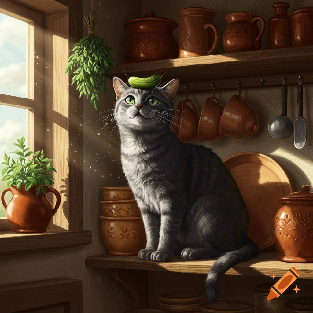 A gray tabby cat sits on a sunlit kitchen shelf, looking up with a pickle slice on its head, digital art.