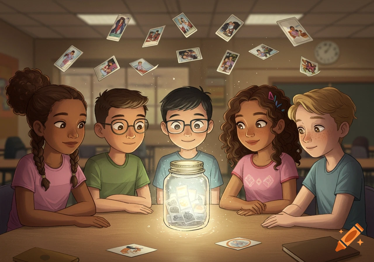 Five diverse children in a classroom gather around a glowing jar with memory cards floating, in a children's book illustration style.