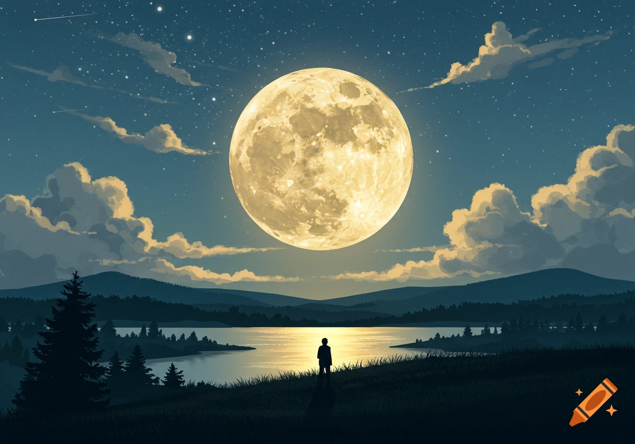 A silhouetted person stands on a hill overlooking a lake under a massive full moon and starry night sky, with mountains and trees.