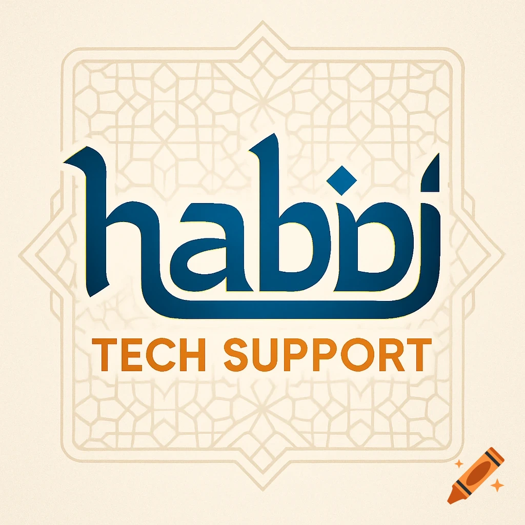 A logo for Habibi Tech Support with blue text "habibi" and orange text "TECH SUPPORT" on a beige background with a geometric pattern.