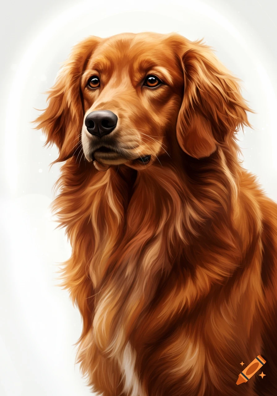Close-up digital painting of a fluffy, reddish-brown dog with expressive eyes against a white background.