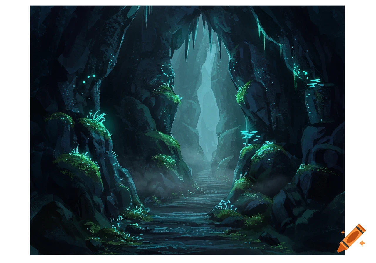 Stylized dark fantasy cave with glowing mushrooms and a narrow, misty passage.