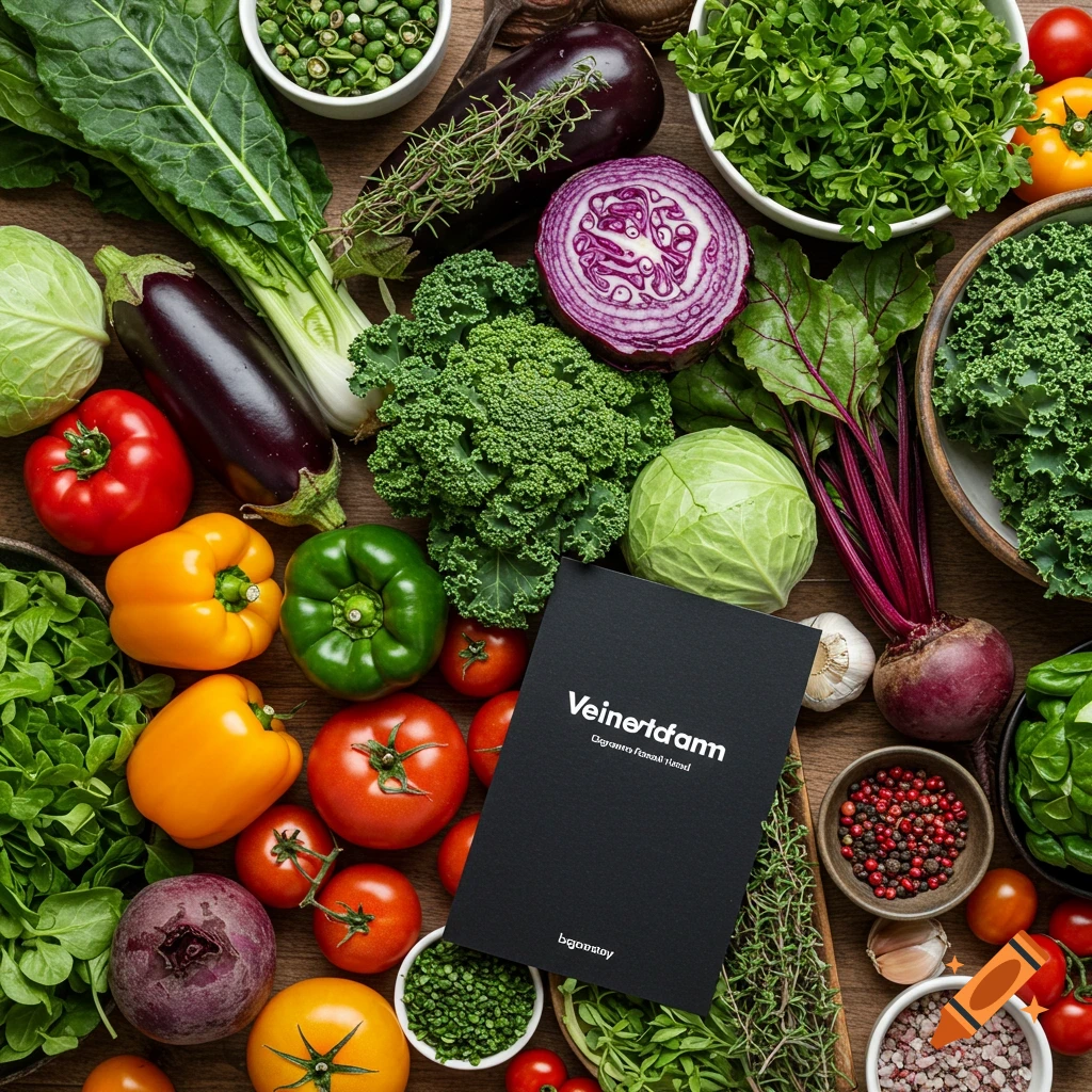 A flat lay of various fresh, colorful vegetables like kale, cabbage, peppers, tomatoes, eggplants, and beets surrounding a black book.