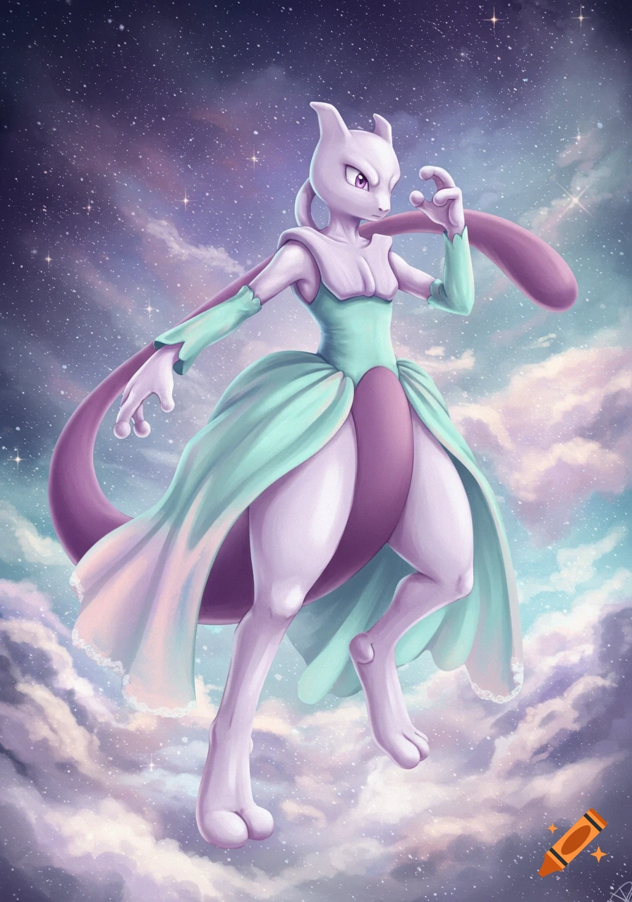 Mewtwo in a flowing light blue and purple dress, floating in a cosmic sky with clouds and stars, digital art.