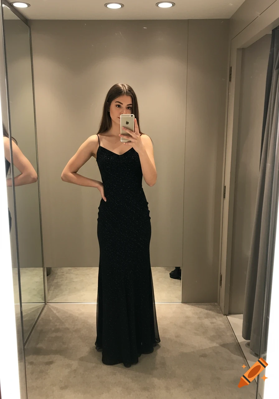 A young woman in a black evening dress takes a mirror selfie in a fitting room.