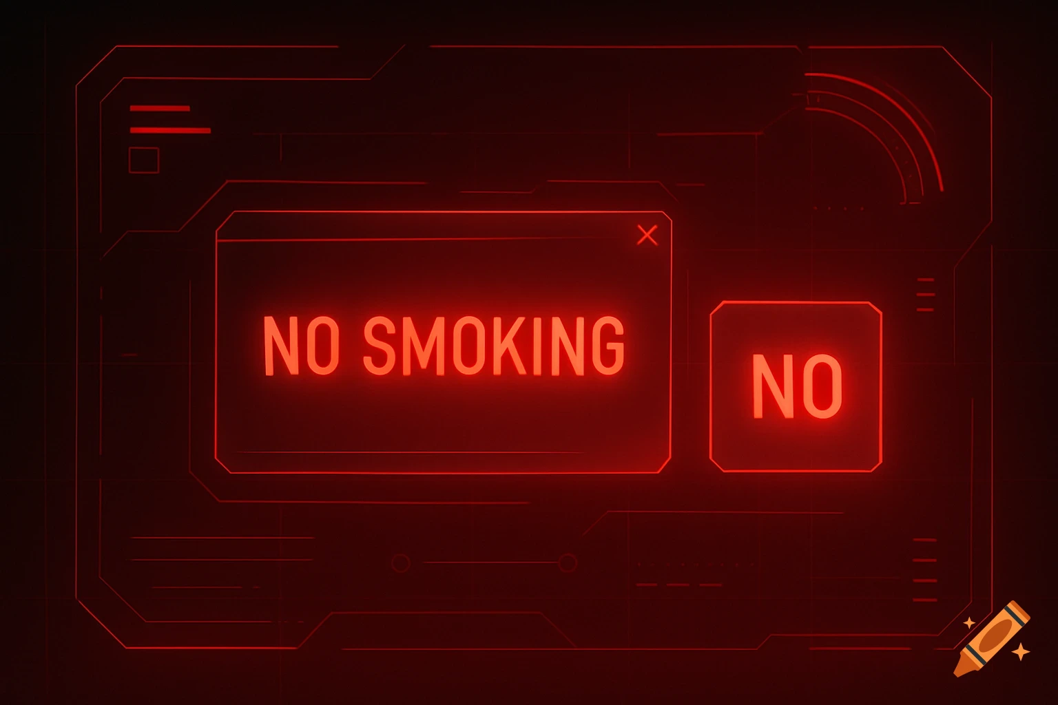 A red glowing futuristic cyberpunk HUD with 'NO SMOKING' and 'NO' pop-up windows.