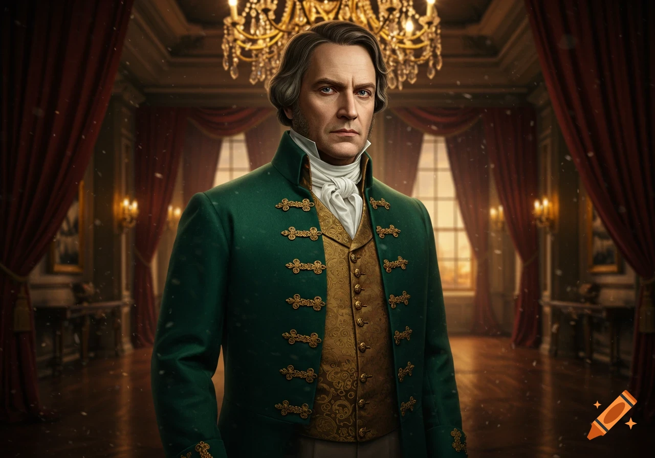 A serious man in a green Victorian coat and gold waistcoat stands in a lavish room under a chandelier.