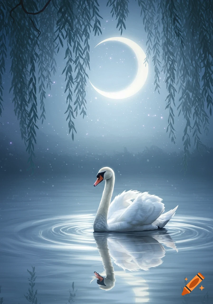 A white swan on a moonlit lake with weeping willow branches overhead and a bright crescent moon in the sky. Dreamy art style.